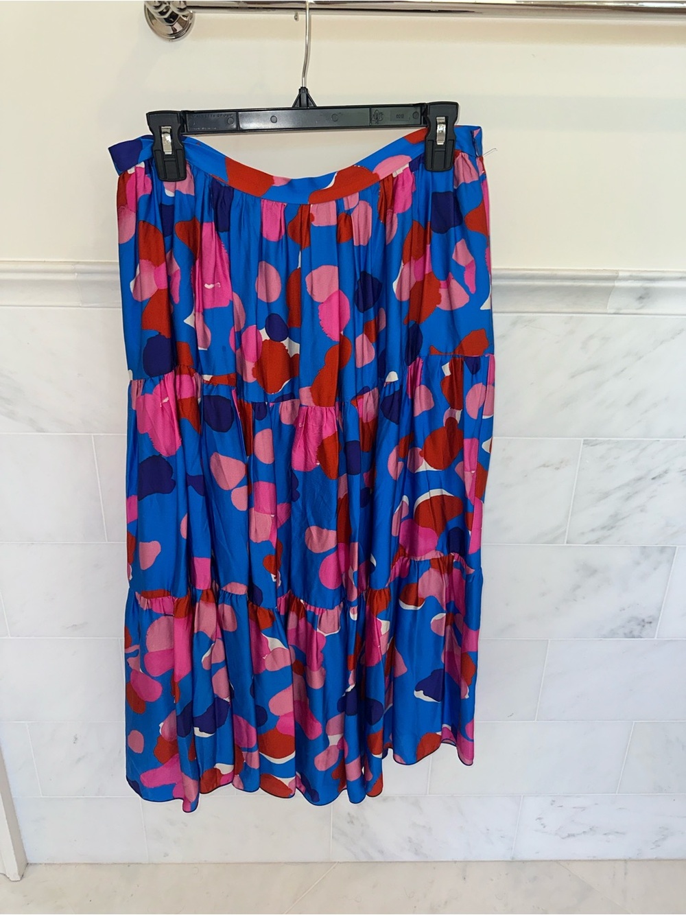 Piazza Sempione Blue Tiered Maxi Skirt with Pink & Red Abstract Spots